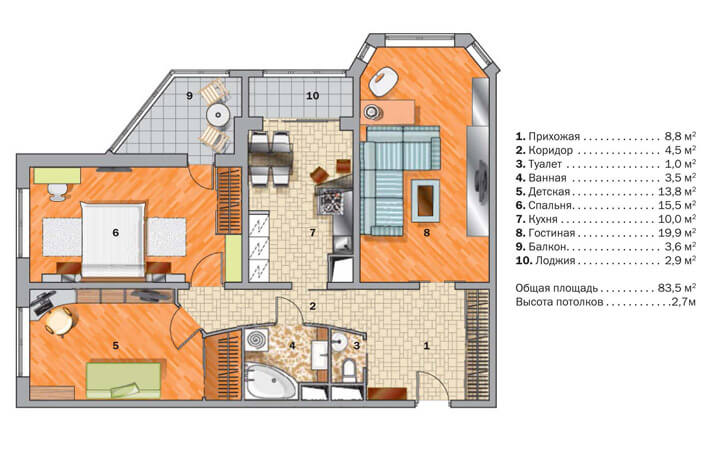 План трехкомнатной квартиры в Рыбном после ремонта