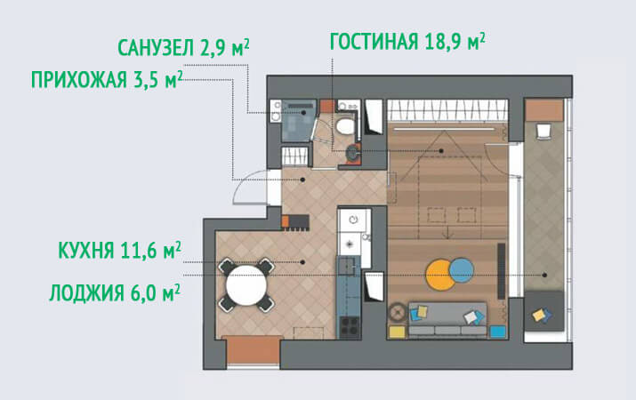 План небольшой двухкомнатной квартиры после перепланировки